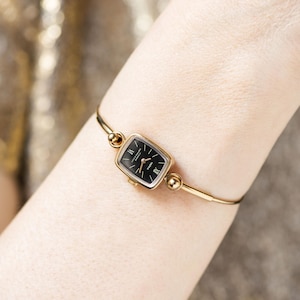 Black cocktail wristwatch women tiny bracelet gold plated Seagull, evening watch minimalist rectangular chic lady jewelry classic gift Xmas