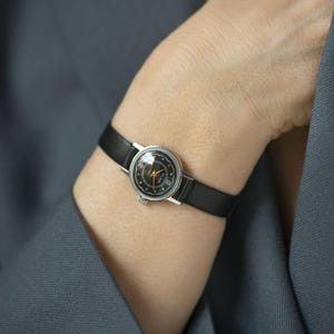 Women watch posh black dial Glory vintage, chic women wristwatch silver shade jewelry, small watch for women gift, new premium leather strap