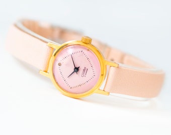 Soft pink women watch gold plated Glory vintage classic, dainty lady watch accessory gift, minimalist girl watch new premium leather strap