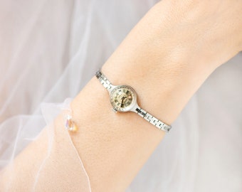 Cocktail watch for women tiny bracelet vintage Seagull, silver shade watch beige dial Roman numerals retro chic wristwatch lady jewelry gift