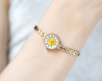 Cocktail watch for woman small, gold plated watch Seagull, lady's wristwatch bracelet mechanical, yellow face watch gift, unique women watch