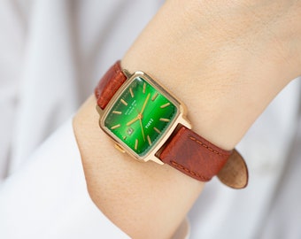Green Women's watch unused Dawn vintage, square watch for women gold plated, women's watch classic jewelry gift, new premium leather strap