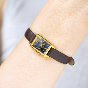 Small women watch rectangular Ray gold plated, navy blue dial women watch vintage gift, lady watch minimalist, new premium leather strap