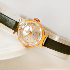 Reloj de pulsera absolutamente raro Gaviota chapada en oro, regalo de joyería de reloj para mujeres de mediados de siglo, regalo de reloj de pulsera clásico para dama, nueva banda de cuero de primera calidad imagen 2