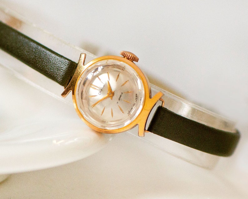 Reloj de pulsera absolutamente raro Gaviota chapada en oro, regalo de joyería de reloj para mujeres de mediados de siglo, regalo de reloj de pulsera clásico para dama, nueva banda de cuero de primera calidad imagen 2