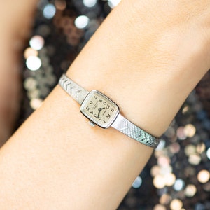 Unused cocktail watch for lady Seagull, vintage watch silver shade Arabic numerals dial, women jewelry rectangular wristwatch tiny bracelet