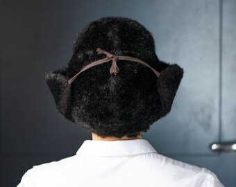 Faux fur ushanka hat vintage, trooper hat unisex small size, black fur ushanka fashion winter hat Polar Trapper Hat Russian style ear flaps