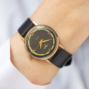 Slim wristwatch unisex gold plated Ray, vintage dress watch for men black dial, oversized lady watch gift, new premium leather watch band