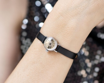 Delicate women micro watch silver shade Seagull, unused wristwatch vintage tiny Arabic numerals dial gift premium leather band new