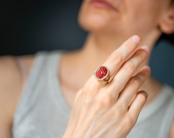 Red women watch ring vintage oval Seagull, delicate jewelry gold shade case tiny ring lady gift, lady watch ring chunky oval approx size N