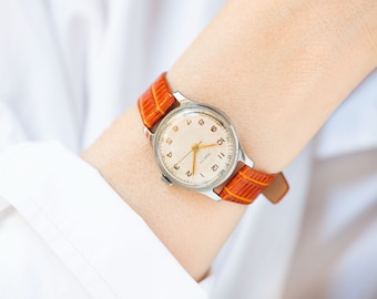 Mid century men's watch Pobeda Victory, vintage unisex wristwatch, dress watch men gift, Arabic numerals dial, new genuine leather strap