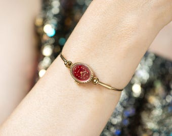 Delicate cocktail watch for women red oval Seagull vintage gift, tiny bracelet lady wristwatch gold shade jewelry, serviced watch authentic