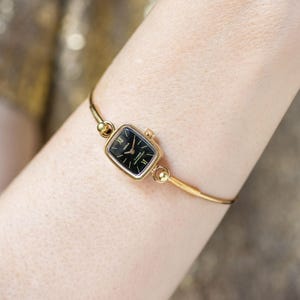 Black cocktail watch for woman 90s authentic Seagull gift, gold plated Roman numerals dial wristwatch rectangular, tiny bracelet