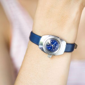 Vintage amphibian women watch Zaria Dawn, water resistant lady watch very rare, lady's diver watch navy blue gift, new luxury leather strap image 3