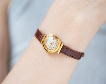 Pop art inspired wristwatch woman gold plated Glory, delicate lady watch vintage, smallest watch jewelry gift, new premium leather strap