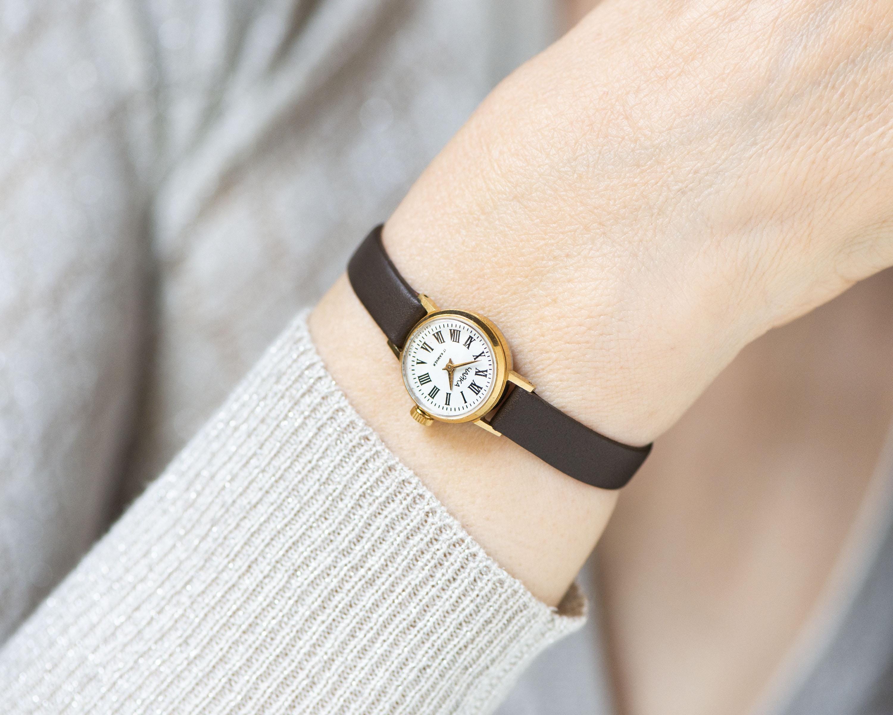 Unique women's wristwatch micro size Seagull gold plated, lady watch classic Roman numerals dial vintage tiny gift, new genuine leather band