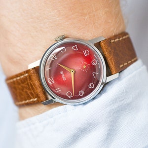 Burgundy dial men&#39;s watch vintage, tomboy wristwatch round case ZIM, oversized boyfriend wristwatch red gift, new premium leather strap