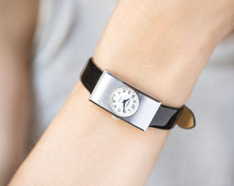 Avant garde Women watch rectangular Seagull, vintage modern design wristwatch for women, silver shade watch gift, new genuine leather band
