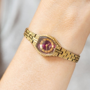 Boho women&#39;s cocktail watch Ray burgundy dial, gold tone women&#39;s watch bracelet, vintage Roman numerals dial jewelry, chic women watch gift