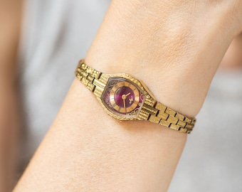 Boho women's cocktail watch Ray burgundy dial, gold tone women's watch bracelet, vintage Roman numerals dial jewelry, chic women watch gift