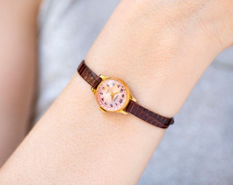 Mint condition women wristwatch Seagull gold plated, pink watch dial chic watch jewelry gift, micro watch, new genuine leather strap