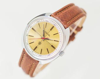 Men's wristwatch unused chunky Rocket, silver shade gent watch, USSR mechanical watch for men minimalist gift, new premium leather strap
