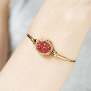 Vintage cocktail watch for women red oval dial Seagull, small gold shade women&#39;s watch, tiny ring bracelet girl watch party jewelry serviced