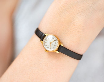 Delicate women watch gold plated Seagull vintage, chic lady watch jewelry gift, micro wristwatch sunburst dial, new premium leather strap