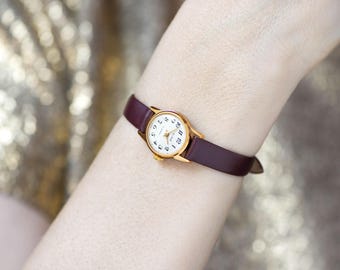 Unused vintage woman's watch gold plated Glory, lady's wristwatch tiny gift, Arabic numerals dial, delicate watch, new premium leather strap