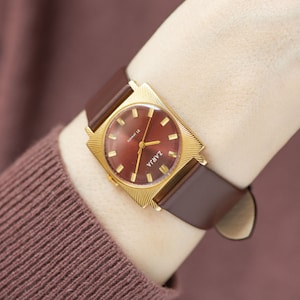 Orologio unisex quadrato Dawn, regalo orologio maschiaccio placcato oro, orologio vintage da fidanzato sunburst, orologio da donna oversize, nuovo cinturino in pelle di lusso
