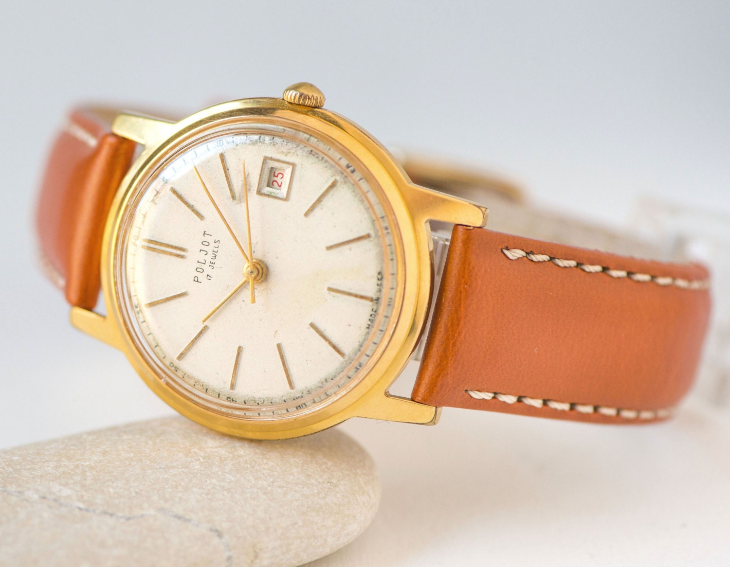 Unisex watch classic Poljot Flight, gold plated Au 20 tomboy wristwatch, 1960s men's watch, dress wristwatch her, new premium leather strap