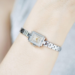 Cocktail watch women silver shade Ray, minimalist lady watch rectangular, vintage timepiece serviced petite bracelet jewelry classic gift