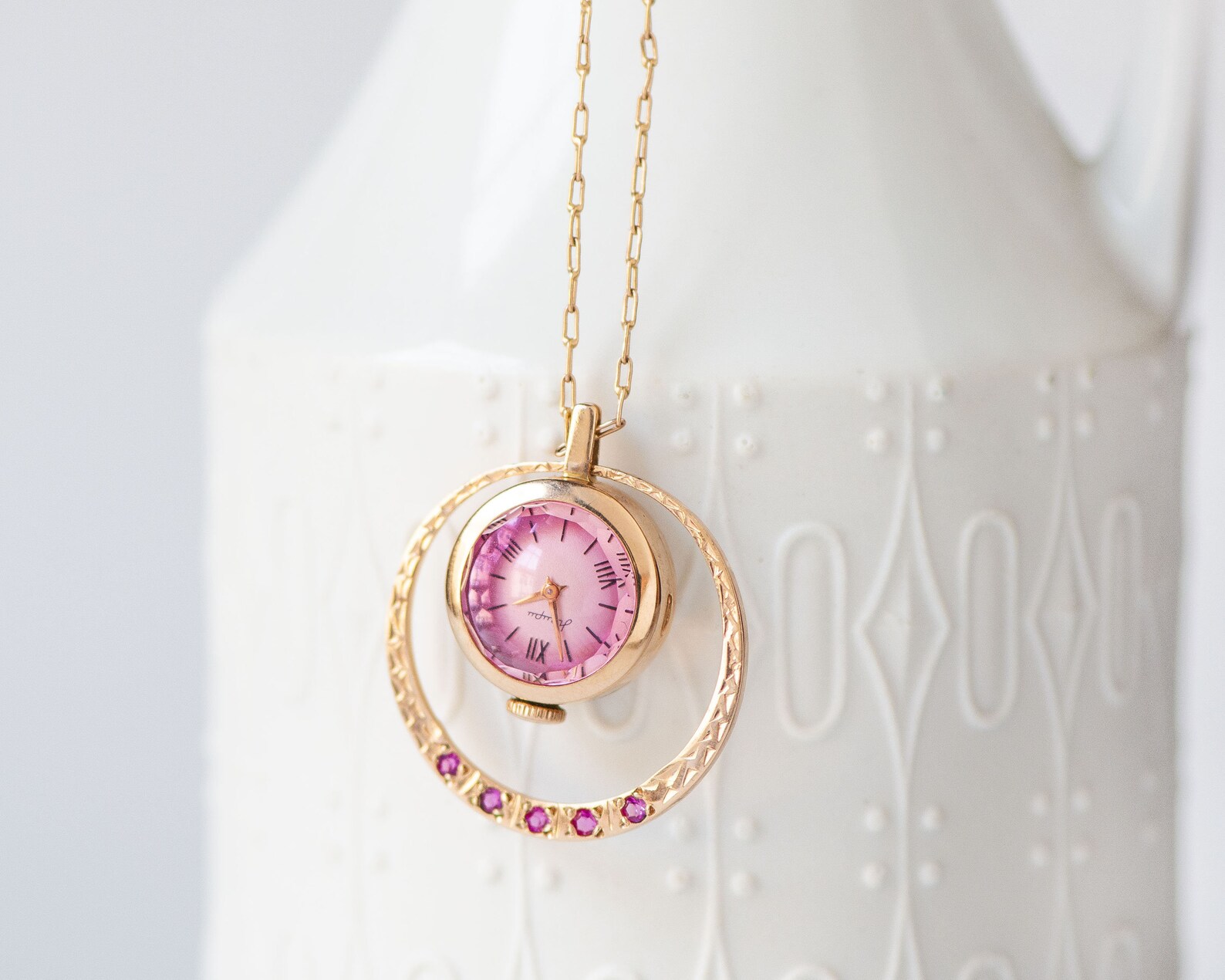 Solid Gold 14K Women Watch Necklace Nairi Pink Sapphires Trim Etsy