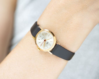 Classic women wristwatch gold plated Dawn, chic wristwatch vintage jewelry gift, delicate watch lady minimalist, new premium leather strap