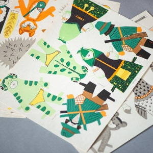 Paper dolls vintage paper crafts fairy tales. Authentic dolls to make Girl Cats Dogs Clown Chicken Bear Hunter Granny Wall decor art project