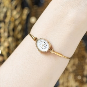 Delicate cocktail watch for women oval Seagull vintage gift, tiny bracelet lady wristwatch gold plated jewelry, serviced watch authentic