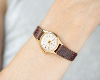 Limited edition watch for women gold plated Dawn, retro lady wristwatch sunburst dial, classic girl watch gift, new premium leather band
