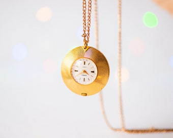 Women's watch necklace Seagull gold plated round, tiny swirl pattern necklace watch, lady watch pendant minimalist delicate watch vintage