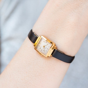 Art deco style women watch gold plated Ray, tiny classic wrist jewelry tank watch, 60s lady's square watch gift timepiece, new leather strap