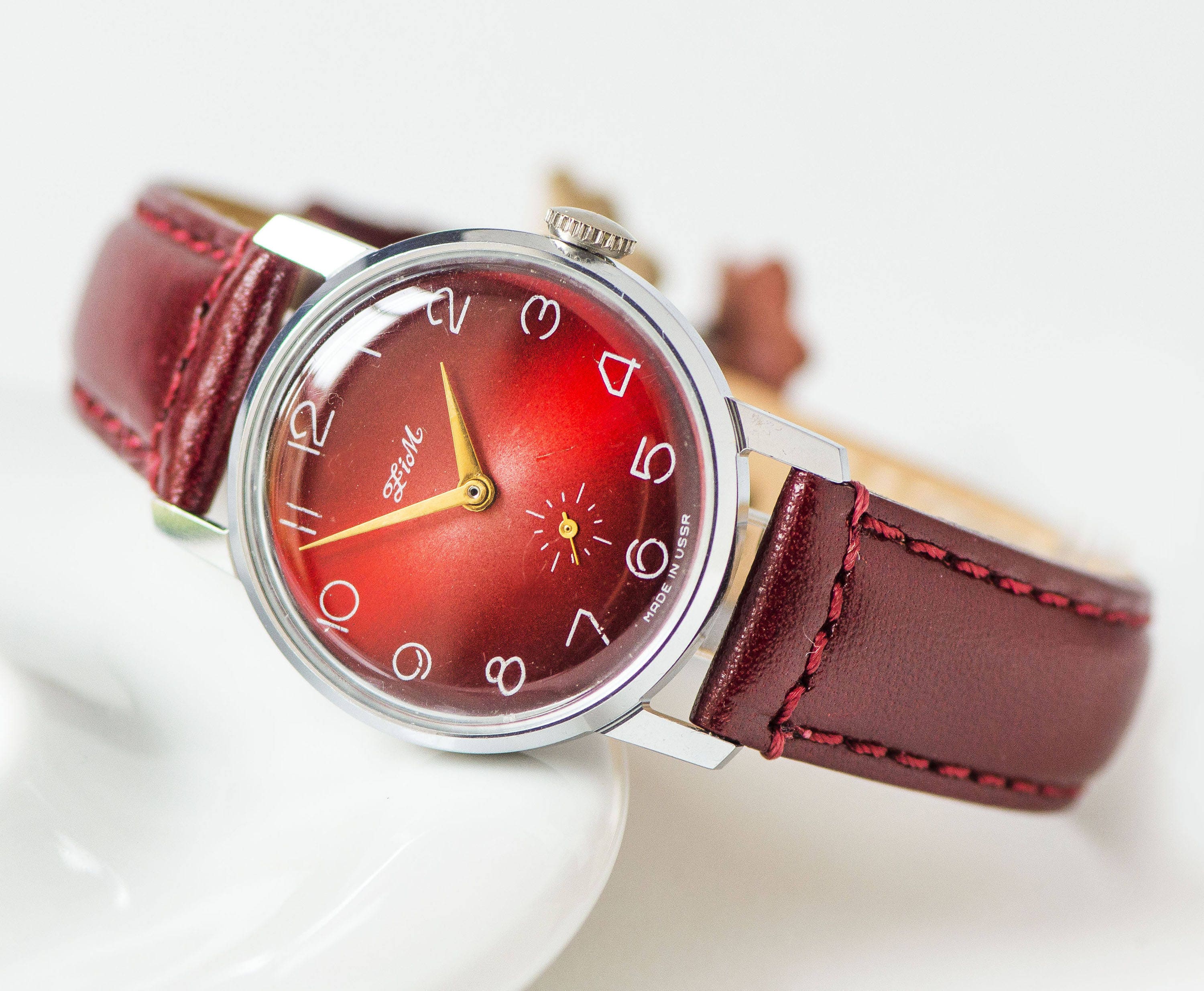 Dark burgundy men's watch vintage round case men watch Etsy