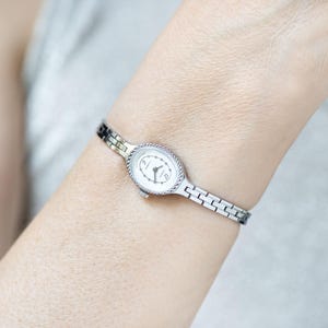 Oval women's cocktail watch silver shade Seagull, vintage lady watch minimalist dial watch jewelry gift tiny bracelet