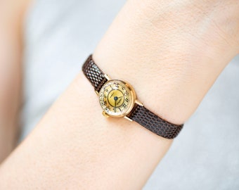 Posh women wristwatch Seagull gold plated, geometric dial women watch vintage, delicate girl watch jewelry gift, new genuine leather strap