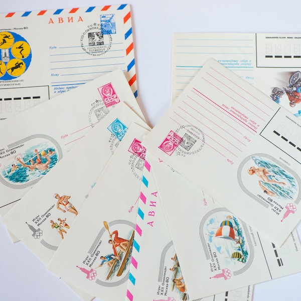 Sobres de los Juegos Olímpicos de Verano de 1980 en Moscú, Sobres conmemorativos vintage, set 8 sobres de correo con sellos, papelería sin usar regalo amante del deporte