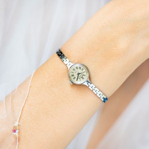 Cocktail watch for women tiny bracelet vintage Seagull, silver shade watch beige dial Roman numerals retro chic wristwatch lady jewelry gift