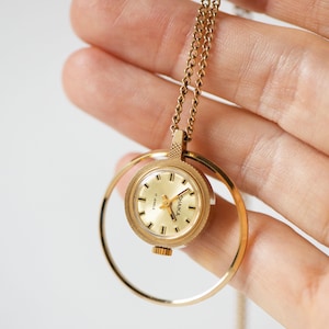 Women's watch necklace gold plated Seagull gift, vintage minimalist watch pendant jewelry, serviced Europe-made pendant geometric