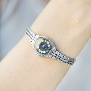 Cocktail wristwatch for women Ray, silver shade women&#39;s watch blue dial, bohemian women watch evening accessory, chic women watch gift
