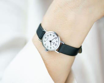 Classic women&#39;s watch silver shade Dawn, minimalist lady wristwatch thin wrist jewelry, graduation gift for lady, genuine leather strap new