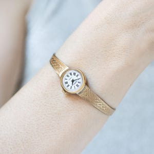 Women&#39;s cocktail watch gold plated Seagull serviced, vintage lady watch Roman numerals dial jewelry gift, sleek bracelet dainty wristwatch