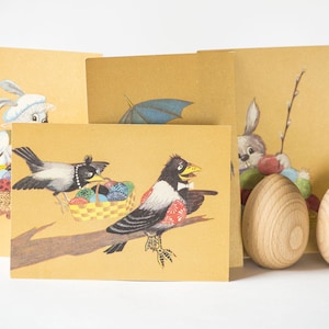 Set di cartoline pasquali 4, cartoline pasquali vuote vintage realizzate dall'artista negli anni '90, carte uova di Pasqua coniglietto, uova di uccelli gru, uova di gazza Pasqua