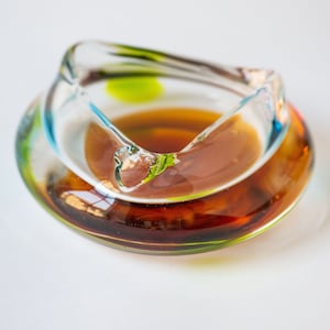Hand-blown transparent glass ashtray vintage, 3 slot cigarette ashtray sandy blue shades glass bowl, retro home barware 60s heavy vase gift